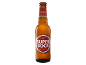 Amber beer bottle with a red and gold label, embossed text on the glass.