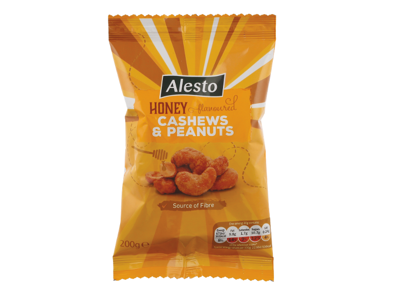 Honey flavoured cashews and peanuts snack bag, 200g, with nutritional information.