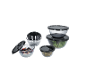 Set of clear glass bowls with black lids, filled with salad, yogurt, and olives.