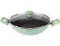 Light green cooking pot with a speckled non-stick interior and a glass lid.