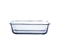 Transparent glass baking dish on a white background.