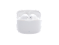 White wireless earbuds in an open charging case with a blue indicator.