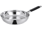 Stainless steel saucepan with a black handle on a black background