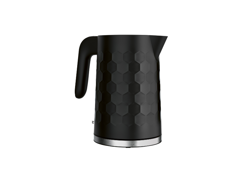Black electric kettle with a honeycomb texture.
