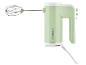 Green and white electric hand mixer with a whisk.