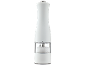 White electric salt mill with a transparent chamber filled with coarse salt.