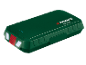 Green tool battery with a red button and charge indicator.
