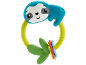 Blue and green sloth teether rattle with leaves and colorful rings.