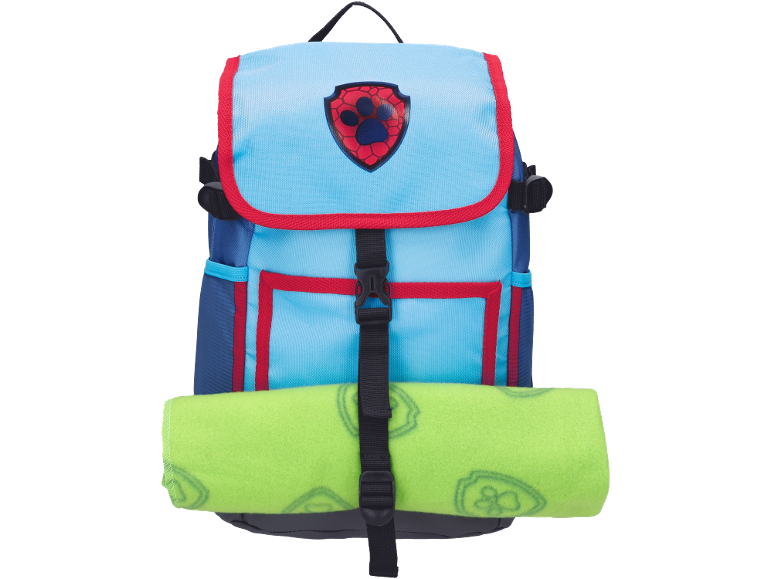 Blue backpack with red trim and a green rolled blanket underneath.