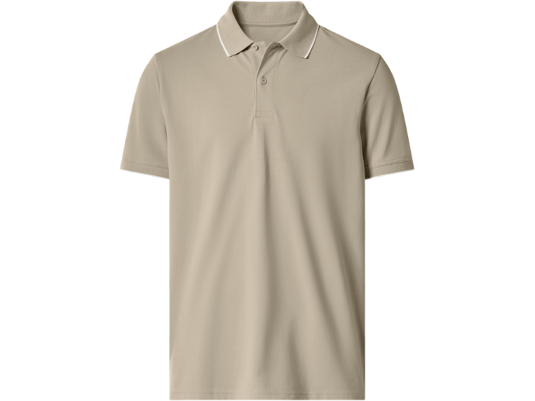 Men's beige polo shirt with white ribbed collar and sleeve cuffs.