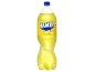 Bottle of lemon carbonated drink with bubbles, with a label reading „lemon” and „3% juice”.