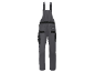 Grey work dungarees with black elasticated waist, pockets, and shoulder straps.