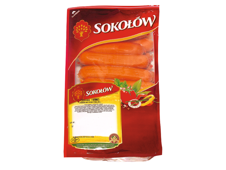 Packaged cocktail frankfurters on a red background, with ingredients and nutritional information.