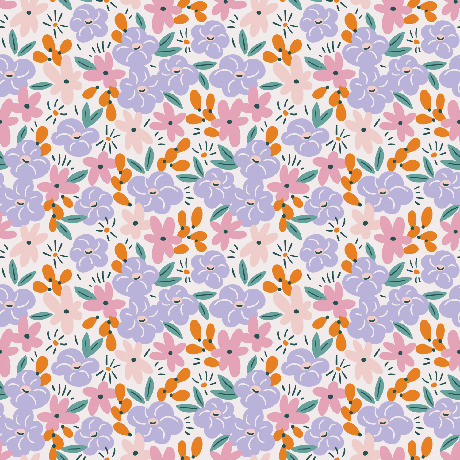 Colorful floral pattern with purple, pink, and orange flowers.