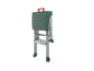 Green ladder with a toolbox, red handle, and grey steps