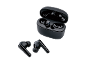 Black wireless earbuds and charging case on a black background.