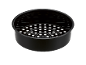 Black air fryer basket with a perforated bottom, viewed from above.