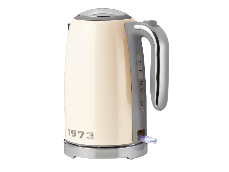 Cream electric kettle with '1973' text and water gauge