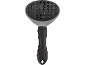 Pet grooming brush with black textured handle and white pins