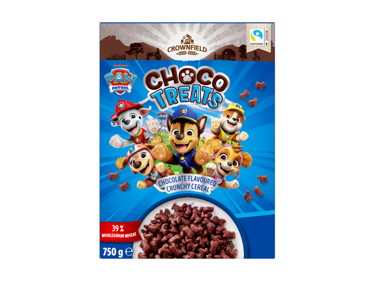 Chocolate flavoured crunchy cereal with Paw Patrol characters, 750g.