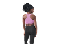 Woman in a lilac sports bra and black leggings, back view.