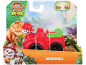 Red toy car with a firefighter puppy and a dinosaur, 'Dino Movie' theme.