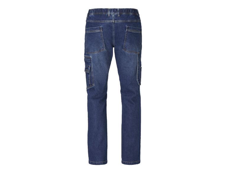 Blue denim work trousers with side and back pockets
