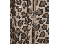 Detail of a jacket with leopard print, zipper, and snap buttons.