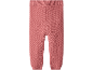 Pink knitted baby trousers.