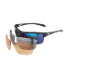 Sports glasses with three interchangeable lenses in different colors.