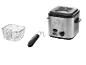 Stainless steel deep fryer with black lid, frying basket, and handle.