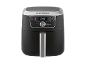 Black air fryer with a digital display and touch controls.