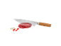 Kitchen knife with wooden handle, ground meat, chili peppers, and rosemary.