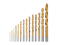 A set of golden drill bits of various sizes, arranged in ascending order.