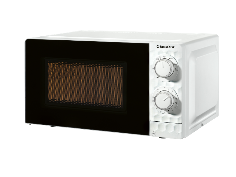 White microwave oven with a black door and two control dials, one for power and one for time.