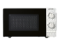 Black and white microwave with manual control panel and glass door.