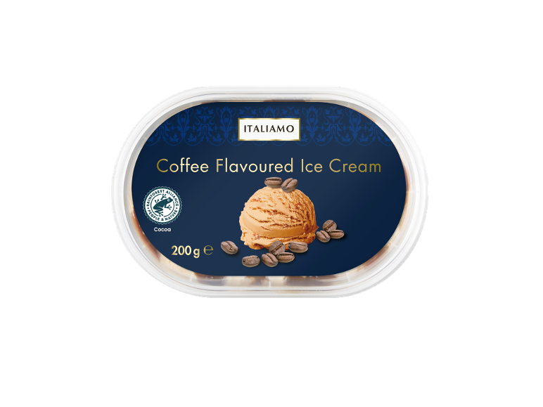 Coffee flavoured ice cream in 200g packaging with Rainforest Alliance cocoa mark.