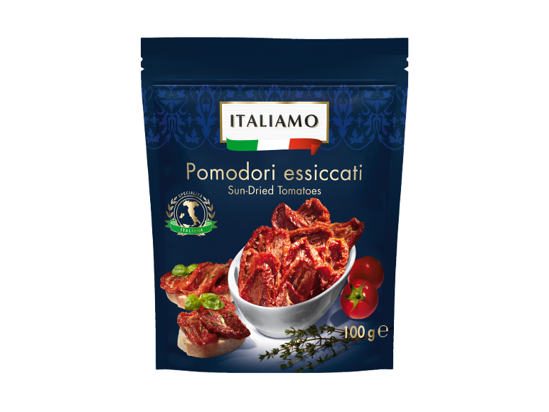 Packaging of sun-dried tomatoes with bruschetta and fresh tomatoes.