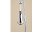Chrome kitchen faucet with pull-out spray head and spring hose.