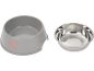 Grey pet bowl with pink hearts and a stainless steel bowl.
