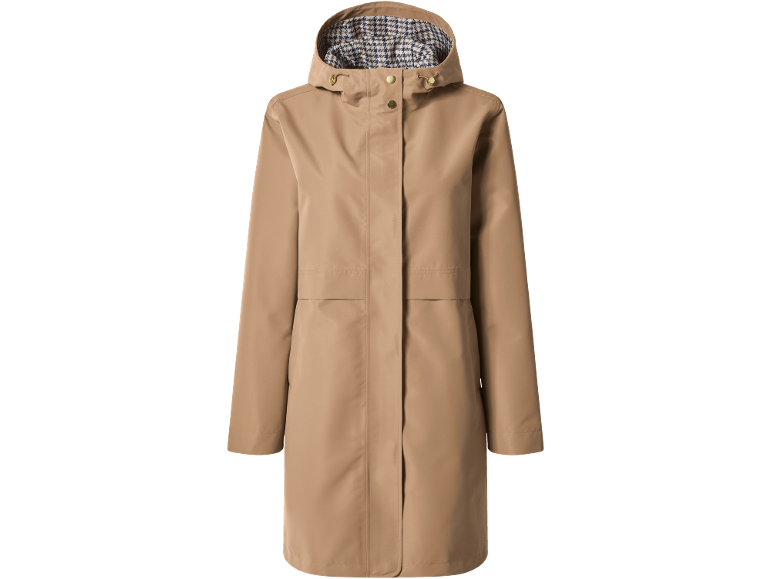 Beige hooded coat with a houndstooth pattern lining.