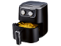 Black air fryer with fries, featuring temperature and time control knobs.