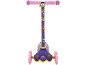 Kids' three-wheel scooter with pink handles and a purple stem featuring dinosaurs.