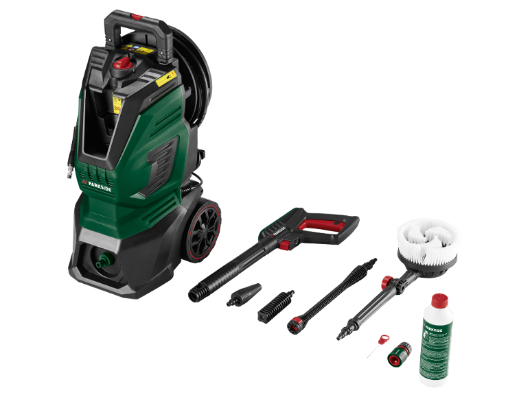 Pressure washer with various attachments, a brush, and a bottle of cleaning solution.