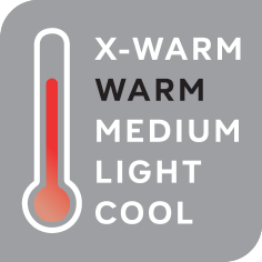 Thermometer scale: X-WARM, WARM, MEDIUM, LIGHT, COOL, with WARM highlighted.