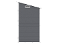 Dark grey garden shed with a white frame and a sloped roof, featuring a ventilation grille.