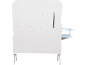 Back of a white bathroom furniture with a light blue side shelf