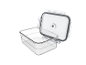 Transparent rectangular food storage container with an open white lid.