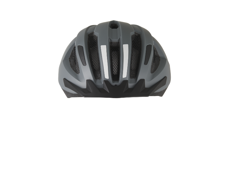 Rear view of a grey bicycle helmet with reflective strips and ventilation