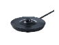 Black electric kettle base with power cord on a black background.